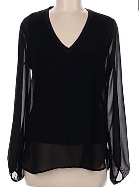 Zara Black V-Neck Sheer Long-Sleeve Blouse